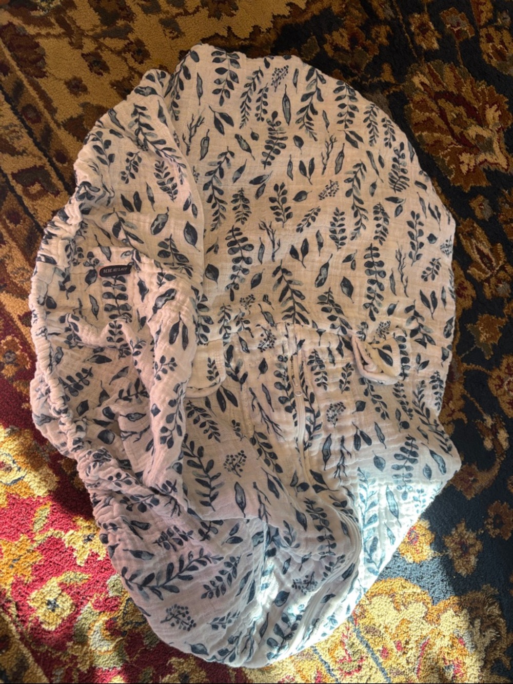 Bebe au Lait Cream Muslin Swaddle with Navy Botanical Print